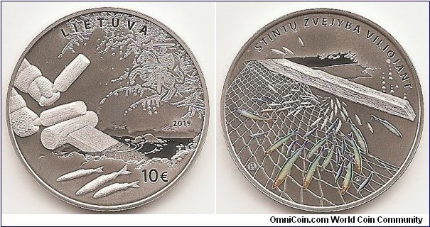 10 Euro KM#NEW Silver Ag 925 Quality proof Diameter 34.00 mm Weight 23.30 g. Series: Lithuanian Nature. Both sides of the coin depict smelt fishing by attracting: wooden mallets rhythmically strike the end of a board placed in a man-made hole in the ice and create vibrations that attract the fish; the vibrations make them turn in circles and ultimately get entangled in the nets. The obverse of the coin portrays the view from above the ice. It features Vytis, the coat of arms of the Republic of Lithuania, formed as if from frost, the inscription LIETUVA (LITHUANIA), the year of issue (2019) and denomination €10. Both sides of the coin depict smelt fishing by attracting: wooden mallets rhythmically strike the end of a board placed in a man-made hole in the ice and create vibrations that attract the fish; the vibrations make them turn in circles and ultimately get entangled in the nets. The reverse of the coin portrays the view from below the ice and fish caught in the nets. A pad-printing technology was used to create the iridescent sheen on the fish. It features the inscription STINTŲ ŽVEJYBA VILIOJANT (SMELT FISHING BY ATTRACTING) and the mintmark of the Lithuanian Mint. Designed by Eglė Ratkutė. Mintage 3,000 pcs. Issued 29-01-2019. The coin was minted at the state enterprise Lithuanian Mint.