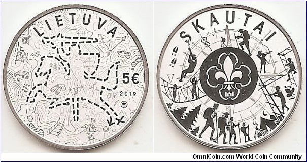 5 Euro KM#NEW Silver Ag 925 Quality proof Diameter 28.70 mm Weight 12.44 g. Subject: Scouts. The obverse of the coin features a silhouette of Vytis, the coat of arms of the Republic of Lithuania, depicted as a dotted road, in the background – a symbolic scouting map, and the inscription LIETUVA (LITHUANIA), denomination (€5), the year of issue (2019) and the mintmark of the Lithuanian Mint. The reverse of the coin depicts the lily – Lithuanian scouting symbol – surrounded by elements of scouting activities related to physical and spiritual training, open-air living (camping, hiking, backpacking). The composition is surrounded by the inscription SKAUTAI (SCOUTS). Designed by Eglė Ratkutė. Mintage 2,500 pcs. Issued 01-10-2019. The coin was minted at the state enterprise Lithuanian Mint.