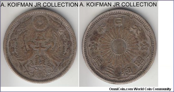 KM-50, Showa Yr.3 (1928) Japan 50 sen; silver, reeded edge; Hirohito, first year of the type, dark toned very fine to good very fine.