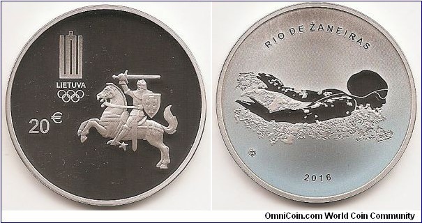 20 Euro KM#224 Silver Ag 925 Quality proof Diameter 38.61 mm Weight 28.28 g. Subject: XXXI Olympic Games in Rio de Janeiro. The obverse of the coin features a stylised Vytis, surrounded by the logo of the National Olympic Committee of Lithuania and the denomination (€20). The reverse of the coin features an image of a swimmer on a background of clear water, created via the process of pad printing. At the bottom – the year of the XXXI Olympic Games in Rio De Janeiro (2016) and the mintmark of the Lithuanian Mint, while at the top is the inscription RIO DE ŽANEIRAS (RIO DE JANEIRO). Designed by Rūta Ničajienė and Giedrius Paulauskis. Mintage 7,000 pcs. Issued 25-07-2016. The coin was minted at the state enterprise Lithuanian Mint.