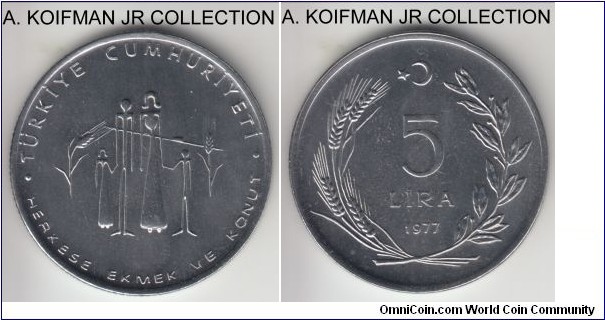 KM-911, 1977 Turkey 5 lira; stainless steel, reeded edge; FAO commemorative - Planned families, mintage 25,000, bright average uncirculated.