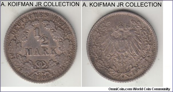 KM-17, 1906 Germany (Empire) 1/2 mark, Hamburg mint (J mint mark); silver, reeded edge; Wilhelm II, scarcer year/mint combination, good very fine to extra fine.