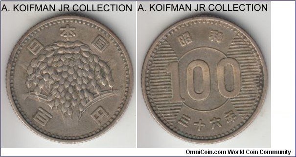 Y#78, Showa Yr. 36 (1961) Japan 100 yen; silver, reeded edge; Hirohito, smaller mintage year in this otherwise abundant series, average very fine to good very fine.