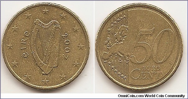 50 Euro cents KM#49 7.8100 g., Brass, 24.25 mm. Obv: The Celtic harp, a traditional symbol of Ireland, is accompanied with the inscription 