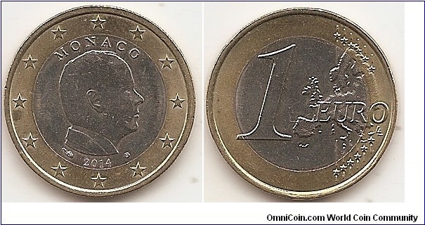 1 Euro KM#194 7.50 g., Bi-Metallic Copper-Nickel center in Nickel-Brass ring, 23.25 mm. Ruler: Albert II Obv: The designs shows a portrait of HSH Prince Albert II from right. The coin's outer ring shows the 12 stars of the European Union on a background of concentric circular lines. Rev: 1 on the left-hand side, six straight lines run vertically between the lower and upper right-hand side of the face, 12 stars are superimposed on these lines, one just before the two ends of each line, superimposed on the mid - and upper section of these lines; the European continent ( extended ) is represented on the right-hand side of the face; the right-hand part of the representation is superimposed on the mid-section of the lines; the word ‘EURO’ is superimposed horizontally across the middle of the right-hand side of the face. Under the ‘O’ of EURO, the initials ‘LL’ of the engraver appear near the right-hand edge of the coin. Edge: Alternating segments: three smooth, three finely ribbed. Obv. designer: Henri Thiebaud Rev. designer: Luc Luycx
