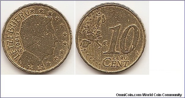 10 Euro cents KM#78 4.10 g., Brass, 19.75 mm. Ruler: Henri I Obv: Twelve stars surrounded profile of His Royal Highness Grand Duke Henri; LËTZEBUERG and (date) between mint and mint master at left. Rev: 10 on the right-hand side, below EURO CENT in two lines; Six straight lines run vertically between the lower and upper left hand side of the face, 12 stars are superimposed on these lines, one just before the two ends of each line, superimposed on the mid - and upper section of these lines, the Eurozone countries are represented; the initials ‘LL’ of the engraver appear between the numeral and the edge on the right-hand side of the coin. Obv. Designer: Yvette Gastauer-Claire Rev. Designer: Luc Luycx Edge: Reeded