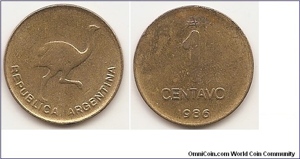 1 Centavo
KM#96.2
3.2000 g., Brass, 20.6 mm. Obv: Common Rhea Rev: Value, double lined “A” at top, date below Edge: Plain Note: Thin flan.