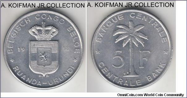 KM-3, 1958 Belgian Congo - Ruanda-Urundi 5 francs; aluminum, reeded edge; bright white uncirculated.