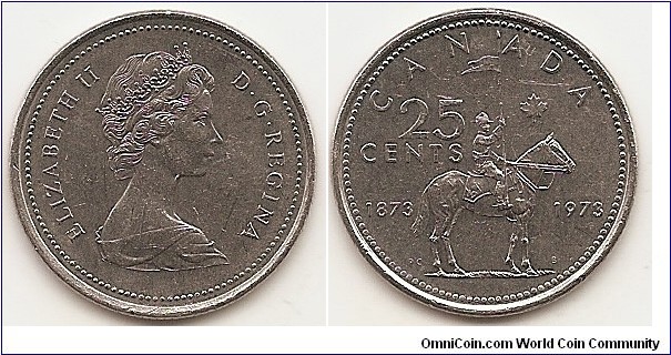25 Cents
KM#81.1
5.0500 g., Nickel, 23.8 mm. Ruler: Elizabeth II (1952-date). Subject: 100th Anniversary of the Royal Canadian Mounted Police (RCMP). Obv: The portrait in right profile of Elizabeth II, when she was 39 years old, is surrounded with inscription 