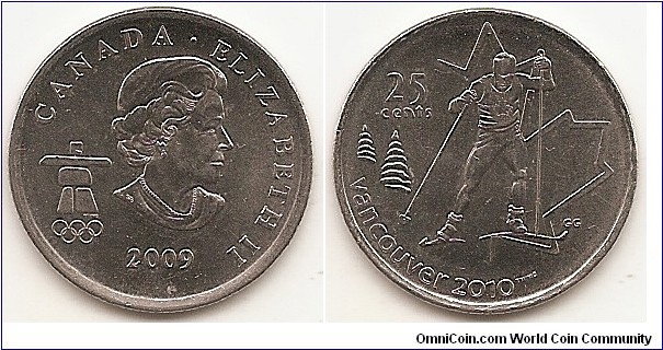 25 Cents
KM#840
4.4300 g., Nickel Plated Steel, 23.8 mm. Ruler: Elizabeth II (1952-date). Subject: Vancouver 2010 Olympic Games. Obv: The portrait in right profile of Elizabeth II, when she was 77 years old, is surrounded with the inscription 