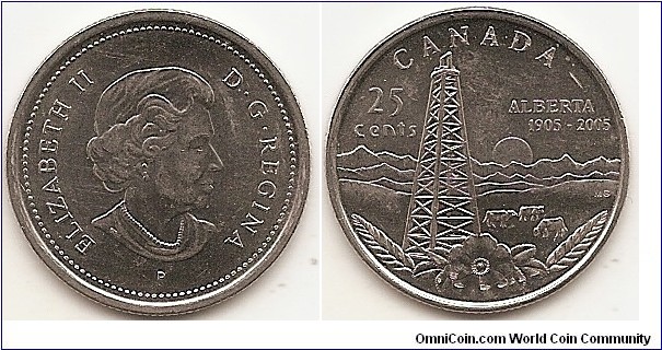 25 Cents
KM#530
4.4300 g., Nickel Plated Steel, 23.9 mm. Ruler: Elizabeth II (1952-date). Subject: 100th Anniversary of Alberta. Obv: The portrait in right profile of Elizabeth II, when she was 77 years old, is surrounded with the inscription 