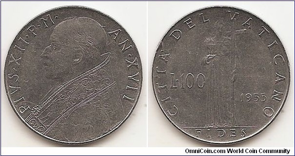 100 Lire
KM#55
8.00 g., Stainless Steel, 27.75 mm. Obv: Pius XII facing left Rev: Fides standing with large cross divides value and date Edge: Reeded