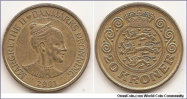 20 Kroner
KM#888.1
9.30 g., Aluminum-Bronze, 27 mm. Ruler: Margrethe II Obv: Crowned bust right within circle, date and initials LG-JP-A below, mint mark after II in legend Obv. Legend: MARGRETHE II - DANMARKS DRONNING Rev: Crowned arms within ornaments and value Edge: Alternating reeded and plain sections