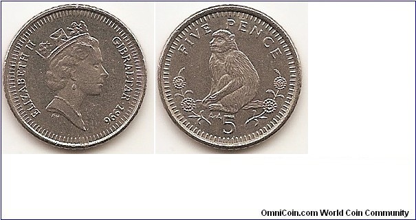 5 Pence
KM#22.2
3.25 g., Copper-Nickel, 18 mm. Ruler: Elizabeth II Obv: Queen Elizabeth II Crowned and facing right Rev: Barbary macaque and Gibraltar candytuft, denomination. Edge: Reeded
