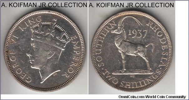 KM-12, 1937 Southern Rhodesia 2 shillings; silver, reeded edge; George VI coronation year and one year type, about very fine detail on obverse (full band visible, but no diamonds) and full very fine reverse, cleaned.
