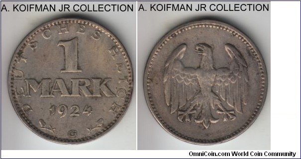KM-42, 1924 Germany (Weimar Republic) mark, Karlsruhe mint (G mint mark); silver, ornamented edge; 2 year type, not quite rare but not common either, good fine to very fine.