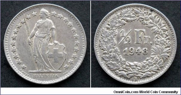 Switzerland 1/2 franc.
1948 B, Ag 835.