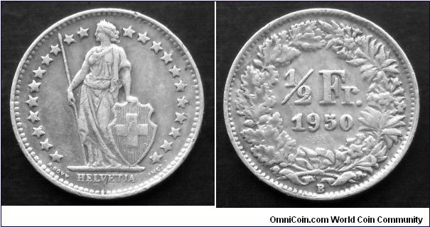 Switzerland 1/2 franc.
1950 B, Ag 835.