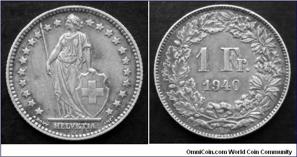 Switzerland 1 franc.
1940 B, Ag 835.