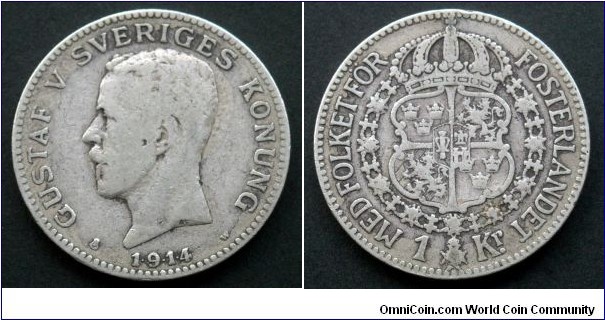 Sweden 1 krona.
1914, Ag 800.