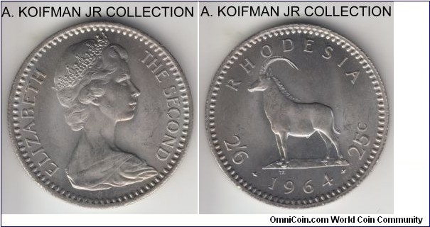RH64G
KM-4, 1964 Rhodesia 25 cents (2 1/2 crown); copper-nickel, reeded edge; Elizabeth II, 1-year transitional coinage, nicer uncirculated specimen, especially the reverse.