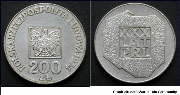 Poland 200 złotych.
1974, 30th Anniversary of People's Republic of Poland. Ag 625. III