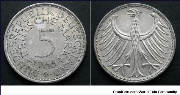 German Federal Republic (West Germany) 5 mark.
1966, G - Karlsruhe. Ag 625.
