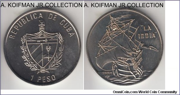 KM-465, 1994 Cuba peso; nickel-bonded steel, plain edge; La India - sailing ships series, average uncirculated, mintage unknown.