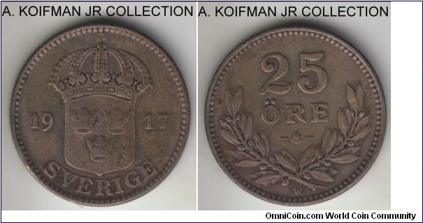 KM-785, 1917 Sweden 25 ore; silver, plain edge; Gustaf V, one of the more common years, well circulated, very good or so.