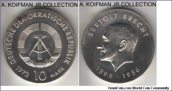 KM-45, 1973 Germany (East) 10 mark, Berlin mint (no mint mark); silver, lettered edge; 75'th anniversary of birth of Brecht commemorative, mintage 100,000 (per Krause) or 100,197 according to Numista of which 44,784 were melted, bright uncirculated but with the toning spot on obverse.