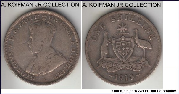 KM-26, 1914 Australia shilling, Royal Mint (London, no mint mark); silver, reeded edge; early George V, well circulated, good or so.