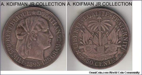 KM-47, 1895 50 centimes, Paris mint; silver, reeded edge; AN 92, last and more common year of the type, nice very fine with sharp and absolutely problem free rims.