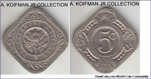 KM-6, 1970 Netherlands Antilles 5 cents; copper-nickel, plain edge, square flan; Juliana, last year of the type, toned uncirculated.
