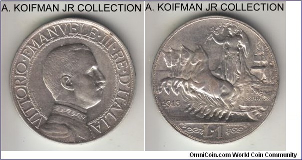 KM-45, 1913 Italy (Kingdom) lira, Rome mint (R mint mark); silver, lettered edge; Vittorio Emmanuele III, last and most common year of the type, good extra fine, some of the original luster still present.