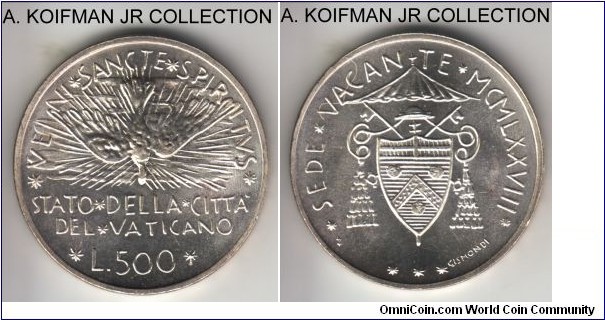 KM-140, 1978 Vatican 500 lire; silver, reeded edge; First of the Sede Vacante (vacant Papal seat) of the 1978, common with large mintage, choice bright uncirculated.