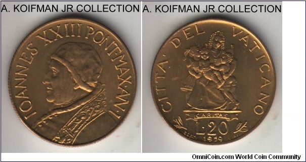KM-62.1, 1959 Vatican 20 lira; aluminum-bronze, reeded edge; Year I of Pope John XXIII, small mintage of 50,000, choice uncirculated from the souvenir set.