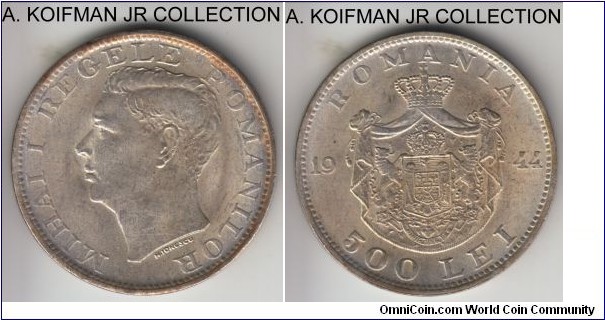 KM-65, 1944 Romania 500 lei; silver, lettered edge; Mihai I, 1 year type minted during the WWII, toned uncirculated, obverse is weakly struck.