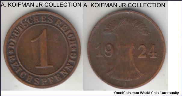 KM-37, 1924 Germany (Weimar Republic) reichspfennig, Hamburg mint (J mint mark); bronze, plain edge; second Weimar type, average circulated, fine or so.