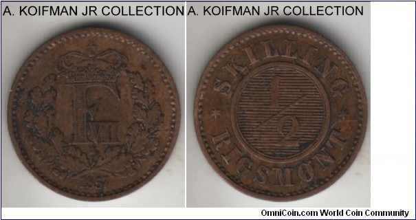 KM-767, 1857 Denmark 1/2 skilling rigsmont, Altona mint (orb mint mark); bronze, plain edge; Frederik VII, average circulated, a bit dirty very fine or so.