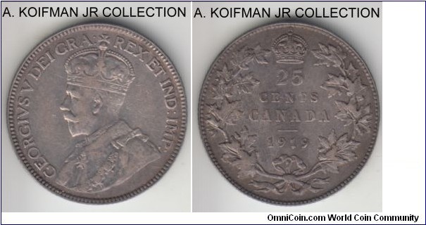 KM-24, 1919 Canada 25 cents; silver, reeded edge; George V, last year of the type, nicely toned good fine.