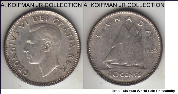 KM-43, 1952 Canada 10 cents; silver, reeded edge; George VI, last year, good extra fine or so, toned.