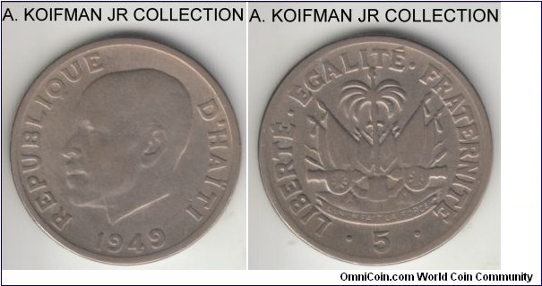 KM-57, 1949 Haiti 5 centimes, Philadelphia mint (USA); copper-nickel, plain edge; one year type, very fine or so.