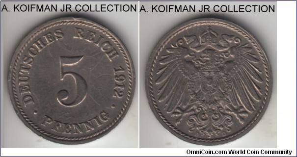 KM-11, 1912 Germany (Empire) 5 pfennig, Munich mint (D mint mark); copper-nickel, plain edge; Wilhelm II Empire, common coin, decend extra fine details with solid eagle shield, couple of edge knocks and scuffs.