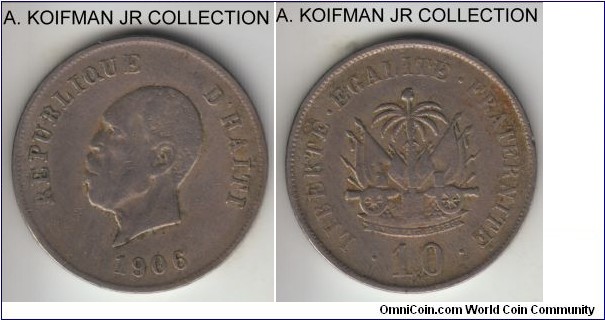 KM-54, 1906 Haiti 10 cents; copper-nickel, plain edge; one year type, average circulated, but decent details.