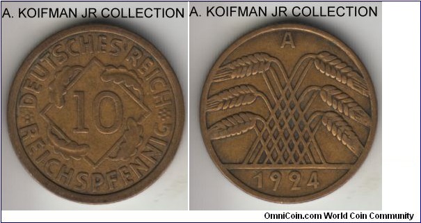 KM-40, 1924 Germany (Weimar Republic) 10 reichspfennig, Berlin mint (A mint mark); aluminum-bronze, plain edge; early Weimar type, average circulated, good fine or better.