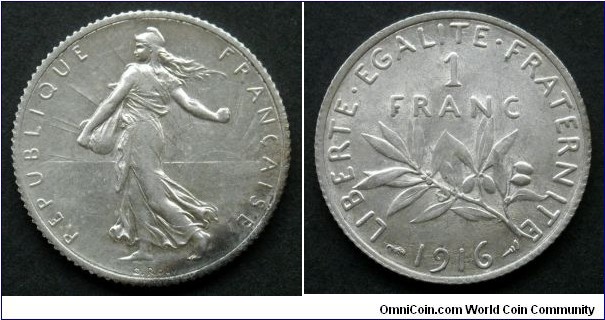 France 1 franc.
1916, Ag 835.