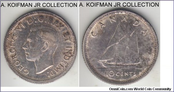 KM-34, 1937 Canada 10 cents; silver, reeded edge; first george VI type, coronation year, extra fine details with some obverse scratches and uneven toning but little wear.