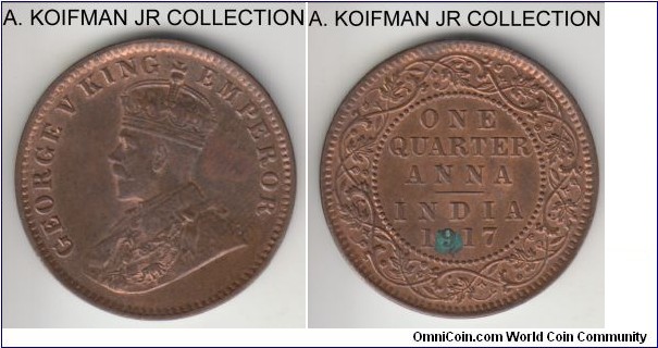 KM-512, 1917 British India 1/4 anna, Calcutta mint; bronze, plain edge; George V, red brown uncirculated, reverse spot by the date.