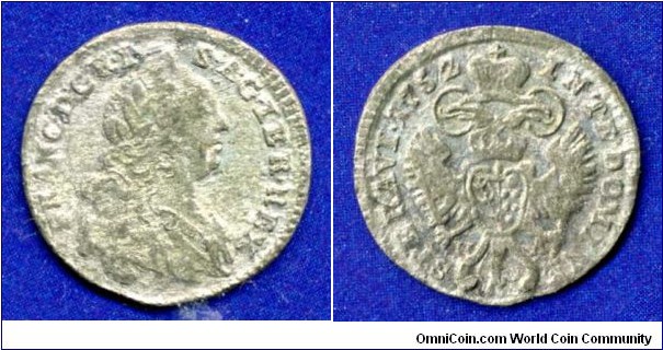 1 kreuzer.
Franc Stephan I (1745-1765), Emperor of Holy Roman empire.


Ag195f. 0,8gr.
