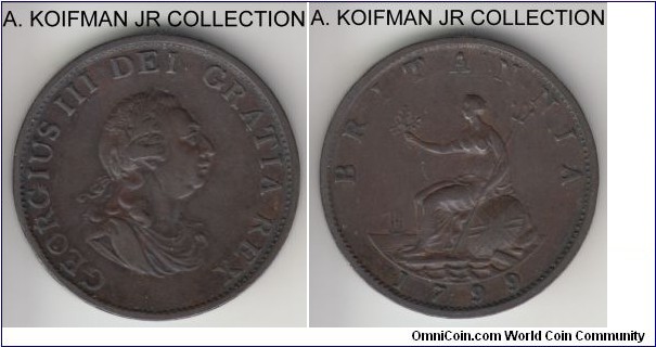 KM-647, 1799 Great Britain 1/2 penny, Soho mint; copper, engrailed (diagonal milled) edge; George III, 5 incuse ports variety, good very fine.